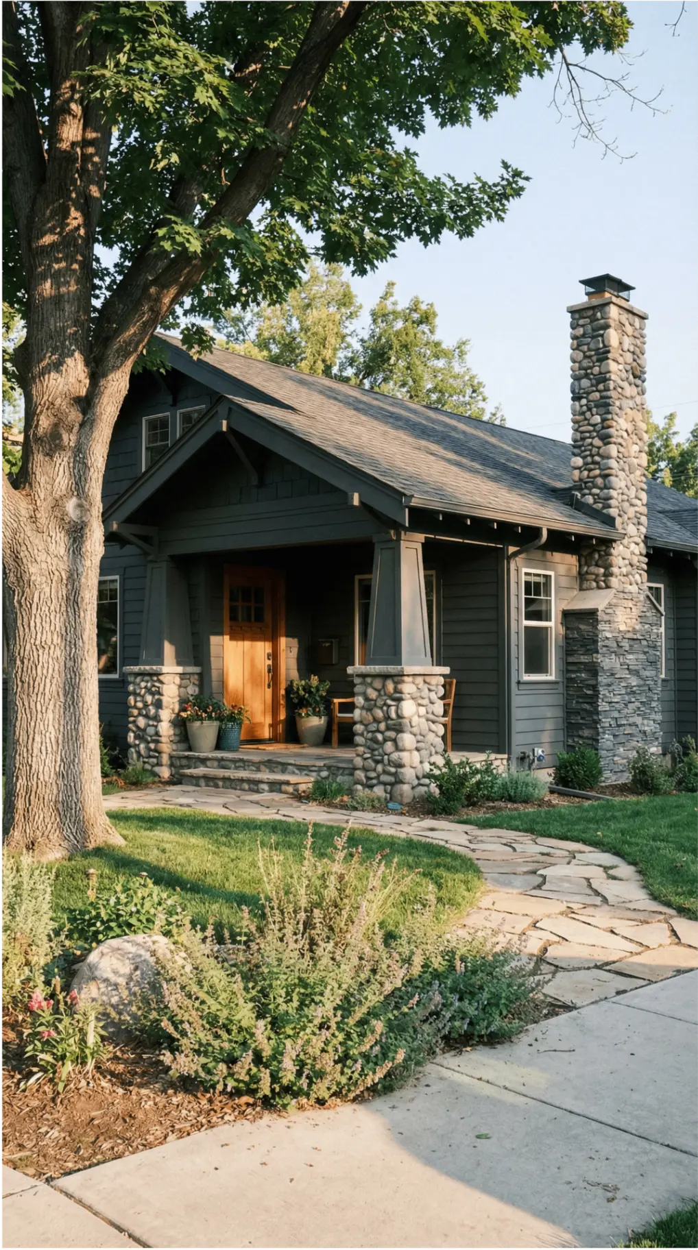 Craftsman home with a completed shingle roof and stone chimney