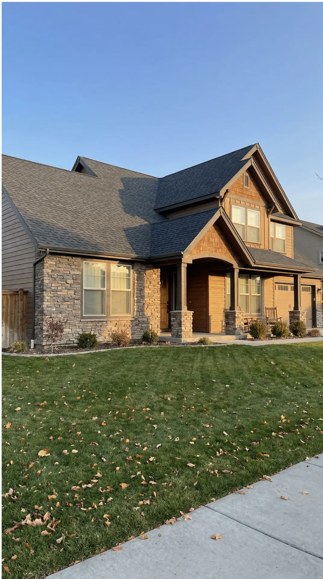 Stone and wood Idaho home with a completed architectural shingle roof