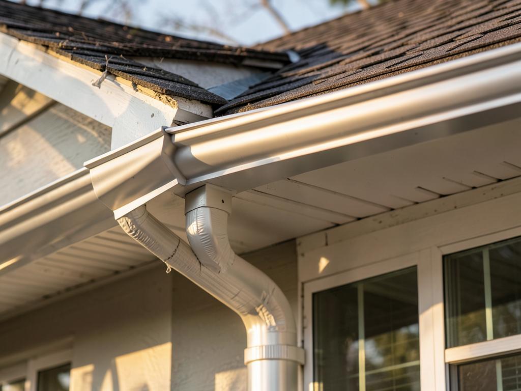 Gutter and downspout installed along a residential roof edge