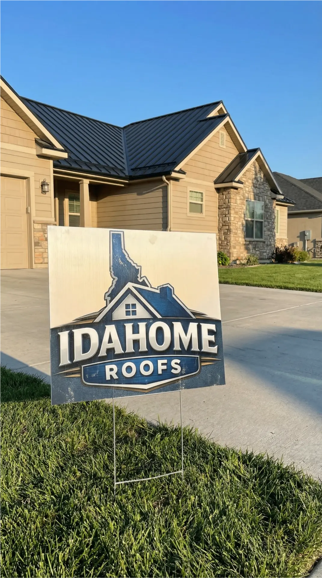 Idahome Roofs yard sign outside a completed residential project