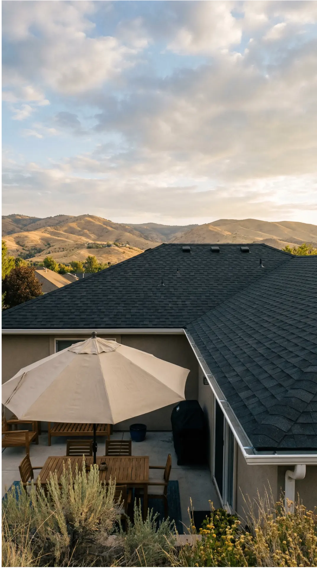 Completed architectural shingle roof above the Idaho foothills